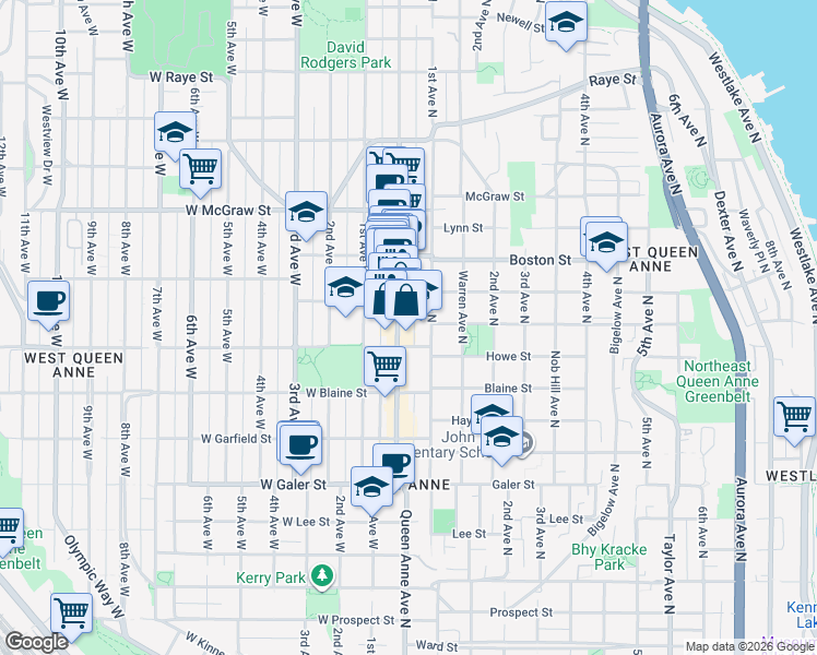 map of restaurants, bars, coffee shops, grocery stores, and more near 1900 Queen Anne Avenue North in Seattle