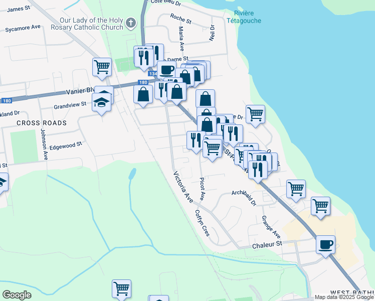 map of restaurants, bars, coffee shops, grocery stores, and more near 555 Appleby Street in Bathurst