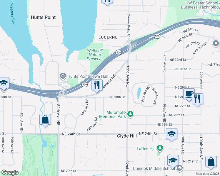 map of restaurants, bars, coffee shops, grocery stores, and more near 8855 Points Drive Northeast in Clyde Hill