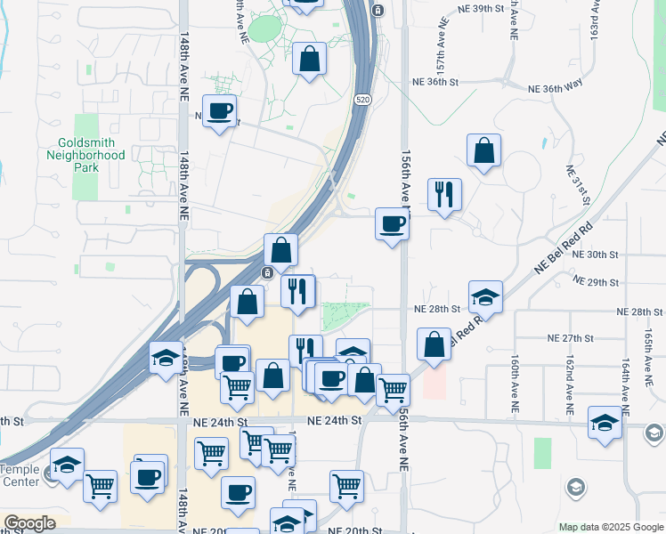 map of restaurants, bars, coffee shops, grocery stores, and more near 3050 152nd Avenue Northeast in Redmond