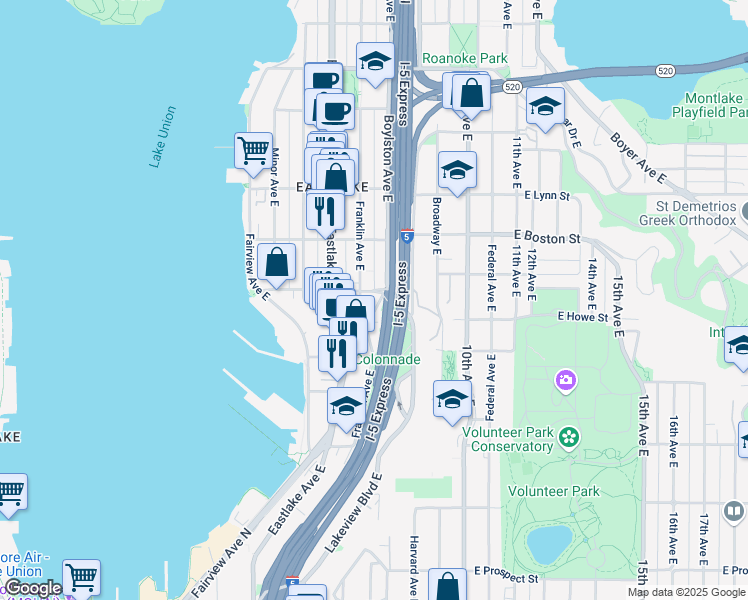 map of restaurants, bars, coffee shops, grocery stores, and more near 2003 Boylston Avenue East in Seattle