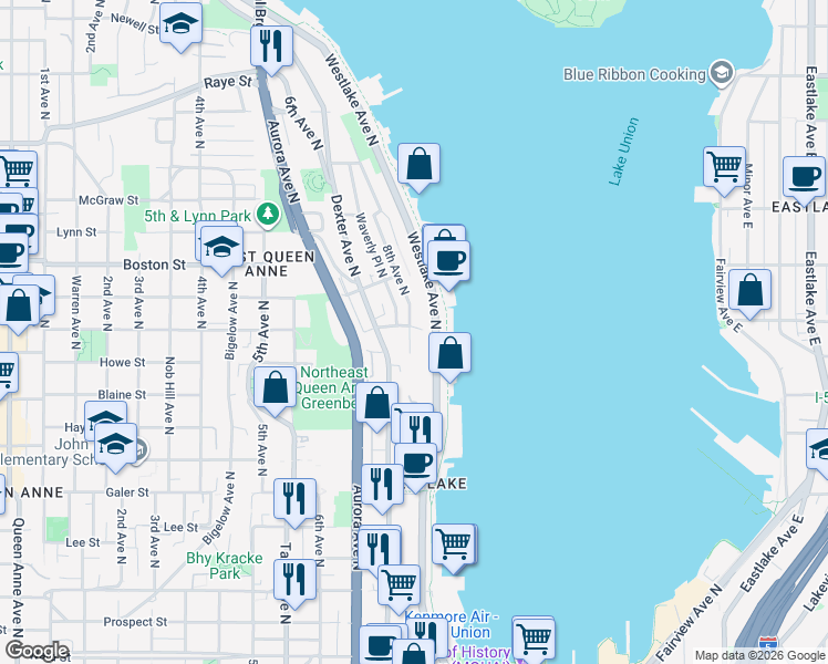 map of restaurants, bars, coffee shops, grocery stores, and more near 2008 8th Avenue North in Seattle