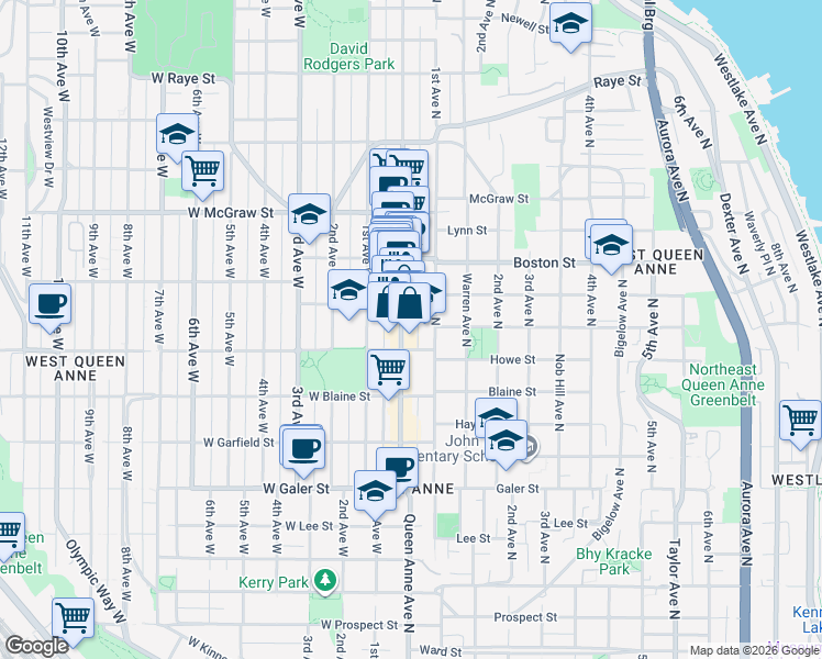 map of restaurants, bars, coffee shops, grocery stores, and more near 7 Crockett Street in Seattle