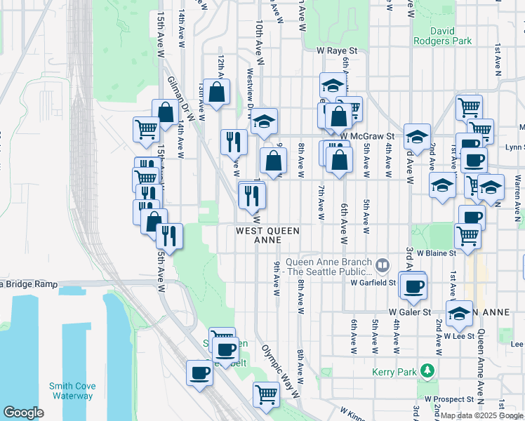map of restaurants, bars, coffee shops, grocery stores, and more near 1934 10th Avenue West in Seattle