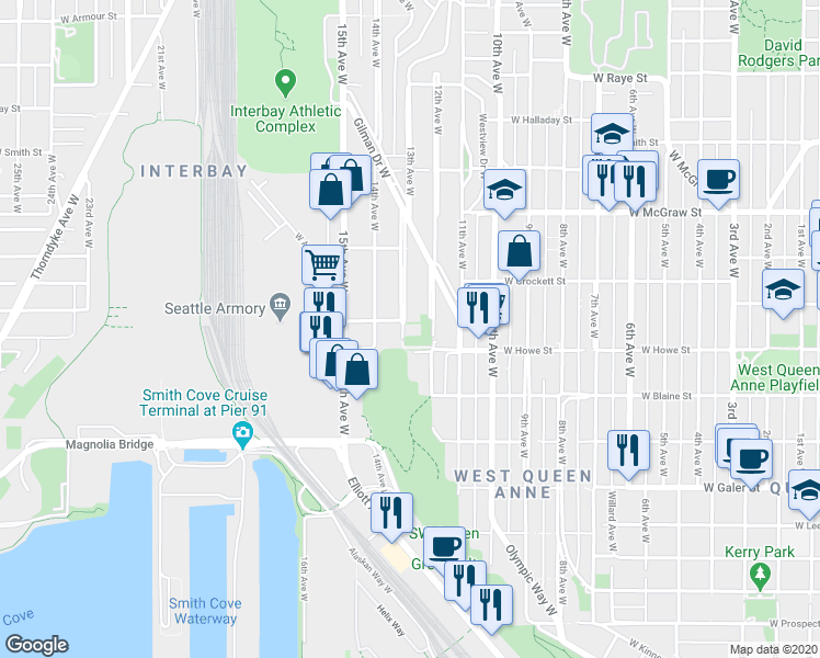 map of restaurants, bars, coffee shops, grocery stores, and more near 1933 12th Avenue West in Seattle