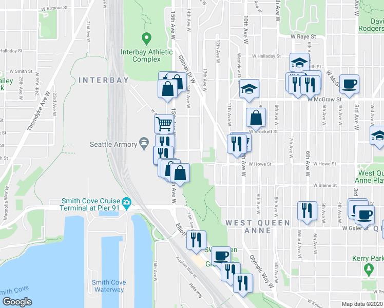 map of restaurants, bars, coffee shops, grocery stores, and more near 2010 14th Avenue West in Seattle