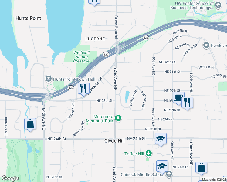 map of restaurants, bars, coffee shops, grocery stores, and more near 2829 92nd Avenue Northeast in Clyde Hill