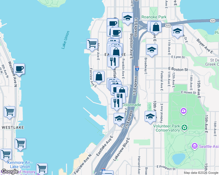 map of restaurants, bars, coffee shops, grocery stores, and more near 1940 Yale Avenue East in Seattle