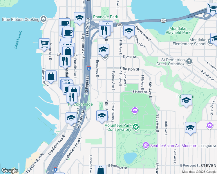 map of restaurants, bars, coffee shops, grocery stores, and more near 1916 10th Avenue East in Seattle