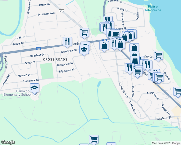 map of restaurants, bars, coffee shops, grocery stores, and more near 780 Parkwood Street in Bathurst