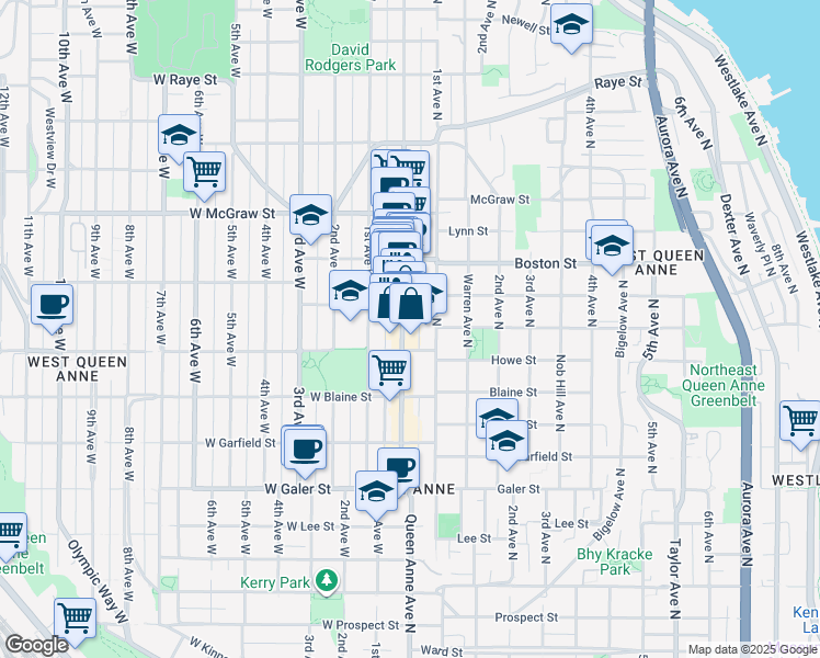 map of restaurants, bars, coffee shops, grocery stores, and more near 1920 Queen Anne Avenue North in Seattle
