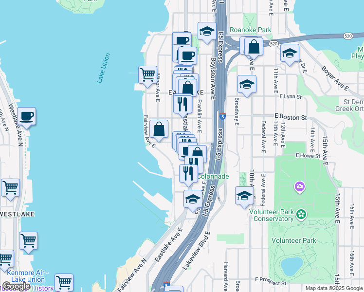 map of restaurants, bars, coffee shops, grocery stores, and more near 104 East Newton Street in Seattle