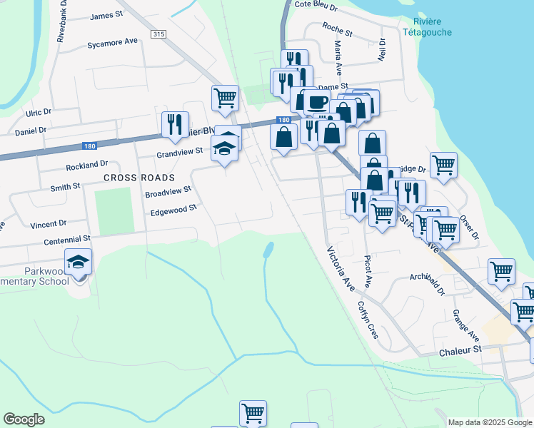 map of restaurants, bars, coffee shops, grocery stores, and more near 710 Parkwood Street in Bathurst