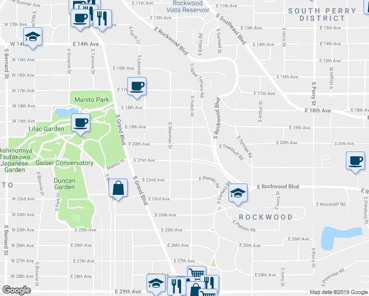map of restaurants, bars, coffee shops, grocery stores, and more near 611 East 20th Avenue in Spokane