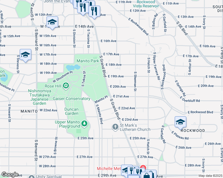 map of restaurants, bars, coffee shops, grocery stores, and more near 1923 South Grand Boulevard in Spokane