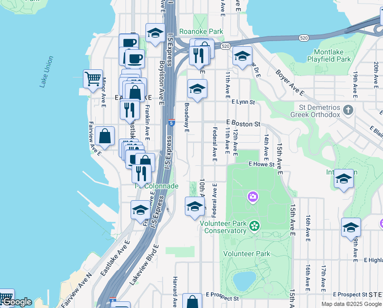 map of restaurants, bars, coffee shops, grocery stores, and more near 1935 10th Avenue East in Seattle