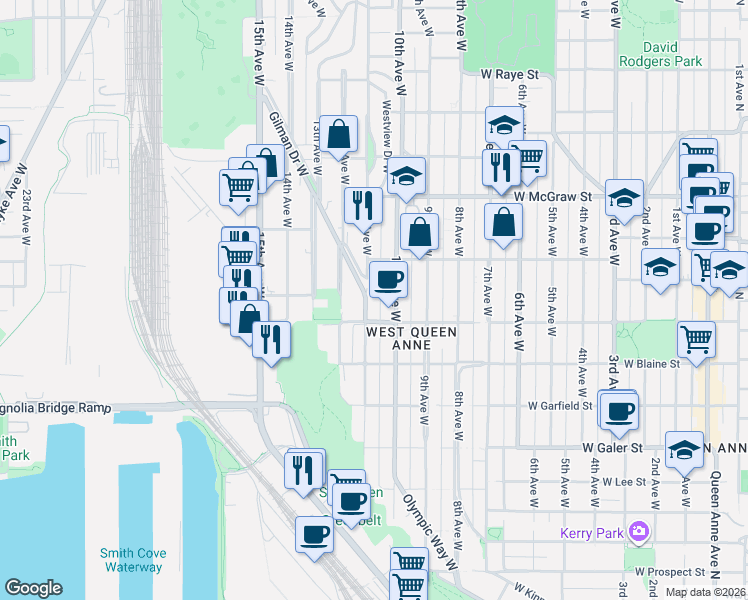 map of restaurants, bars, coffee shops, grocery stores, and more near 1930 11th Avenue West in Seattle