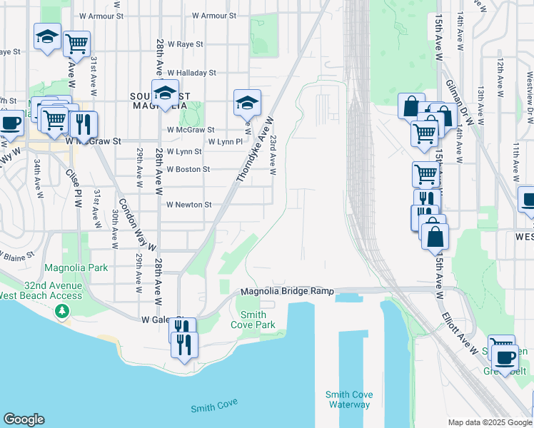 map of restaurants, bars, coffee shops, grocery stores, and more near 2303 West Newton Street in Seattle