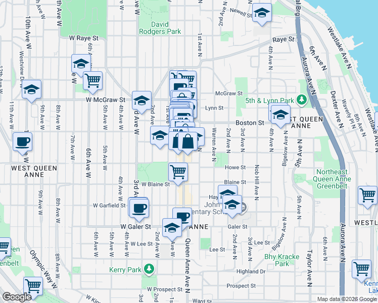 map of restaurants, bars, coffee shops, grocery stores, and more near 1920 Queen Anne Avenue North in Seattle