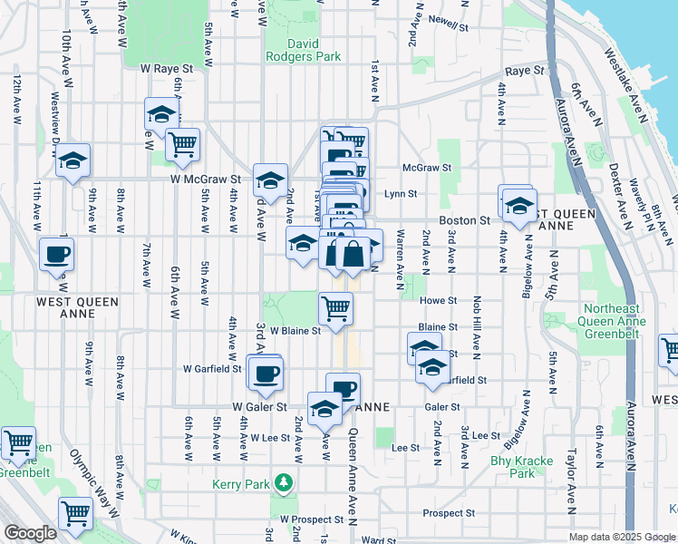map of restaurants, bars, coffee shops, grocery stores, and more near 1919 Queen Anne Avenue North in Seattle