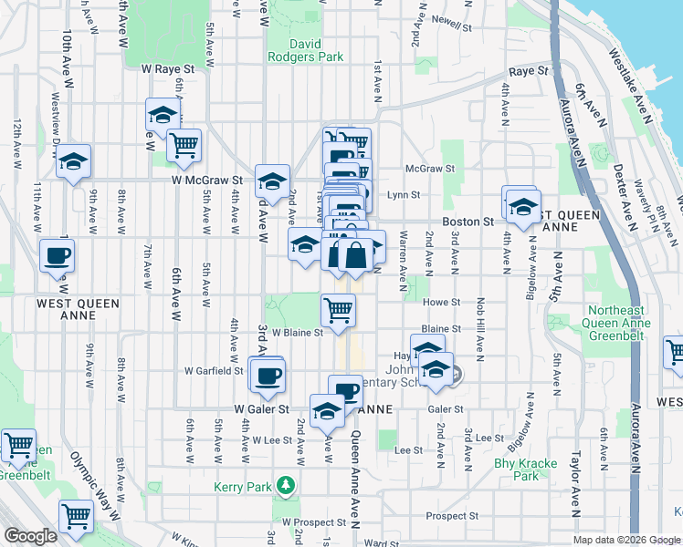 map of restaurants, bars, coffee shops, grocery stores, and more near 1919 Queen Anne Avenue North in Seattle