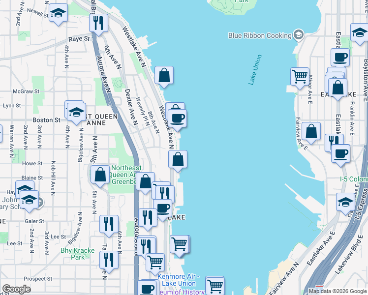 map of restaurants, bars, coffee shops, grocery stores, and more near 1900 Westlake Avenue North in Seattle