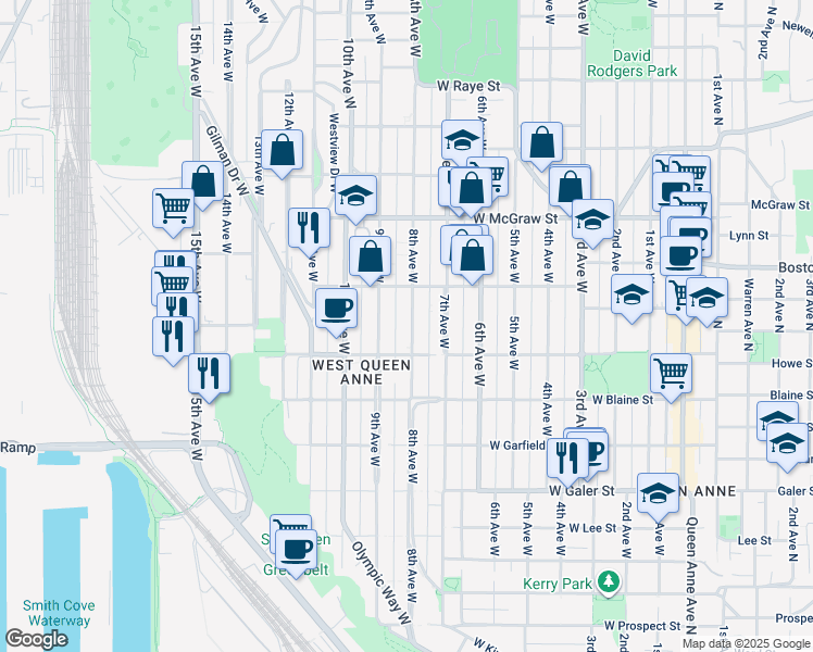 map of restaurants, bars, coffee shops, grocery stores, and more near 1936 9th Avenue West in Seattle
