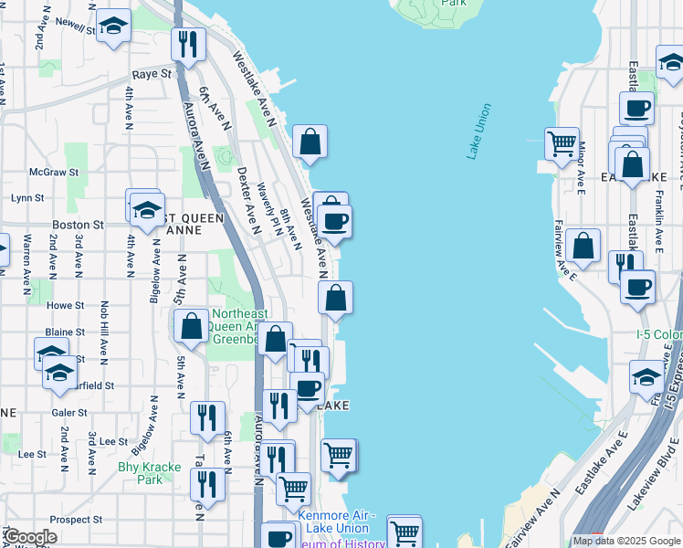 map of restaurants, bars, coffee shops, grocery stores, and more near 1900 Westlake Avenue North in Seattle