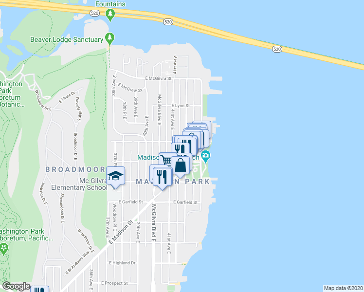 map of restaurants, bars, coffee shops, grocery stores, and more near 2003 42nd Avenue East in Seattle