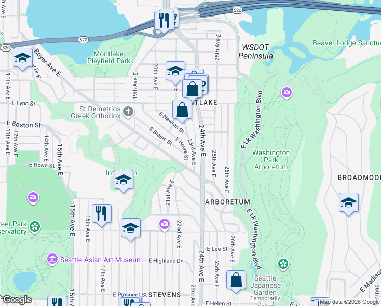 map of restaurants, bars, coffee shops, grocery stores, and more near 1841 23rd Avenue East in Seattle
