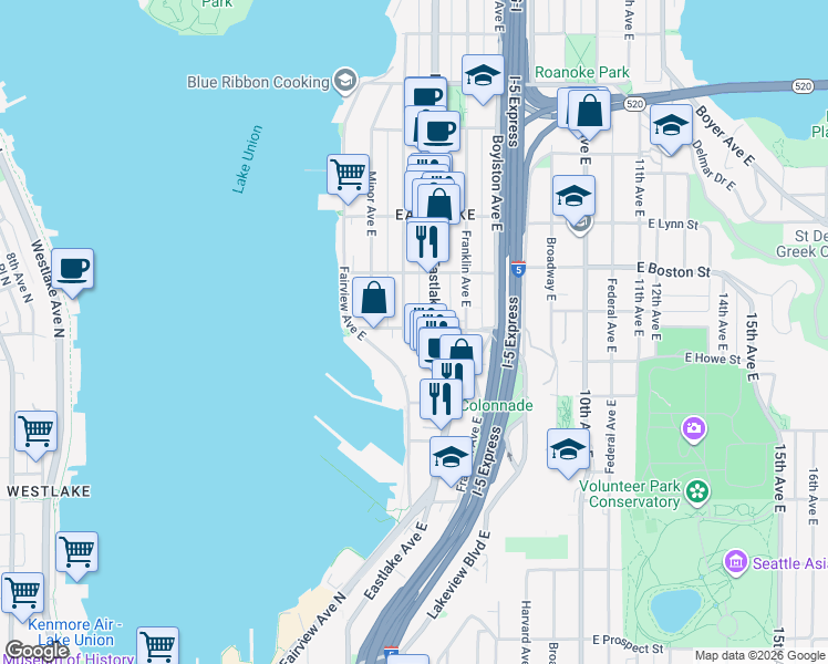 map of restaurants, bars, coffee shops, grocery stores, and more near 104 East Newton Street in Seattle