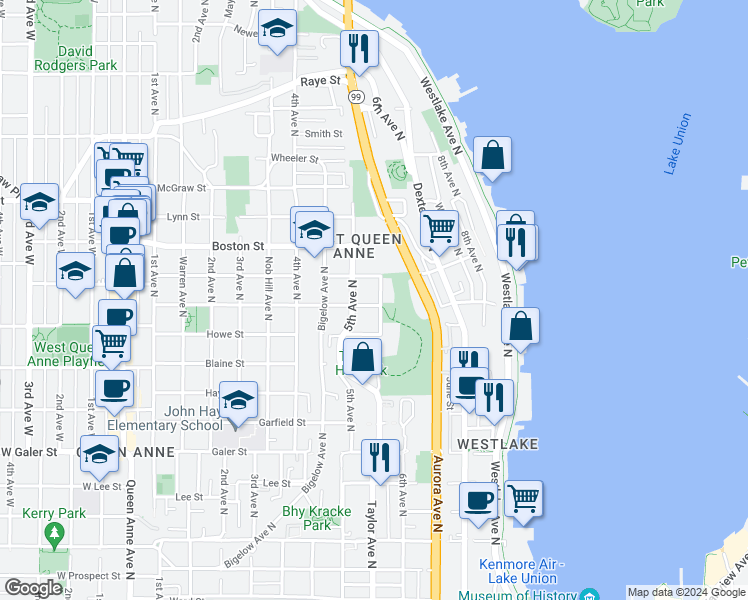 map of restaurants, bars, coffee shops, grocery stores, and more near 517 Crockett Street in Seattle