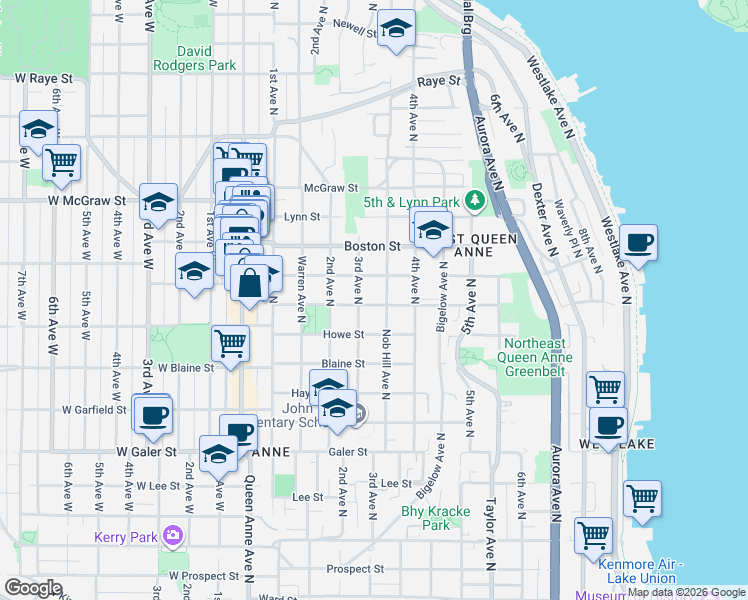 map of restaurants, bars, coffee shops, grocery stores, and more near 2012 3rd Avenue North in Seattle