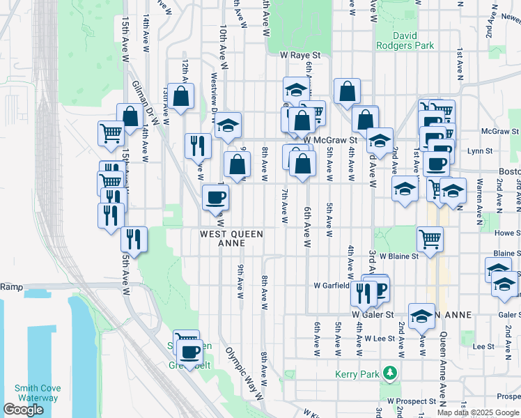 map of restaurants, bars, coffee shops, grocery stores, and more near 1936 9th Avenue West in Seattle