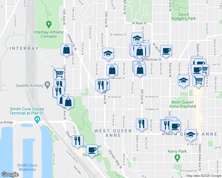 map of restaurants, bars, coffee shops, grocery stores, and more near 1934 10th Avenue West in Seattle