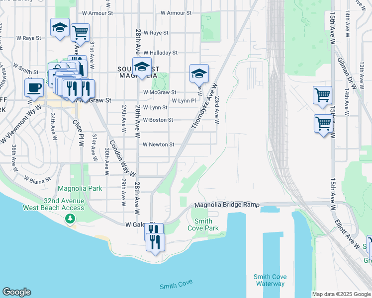 map of restaurants, bars, coffee shops, grocery stores, and more near 2405 West Newton Street in Seattle