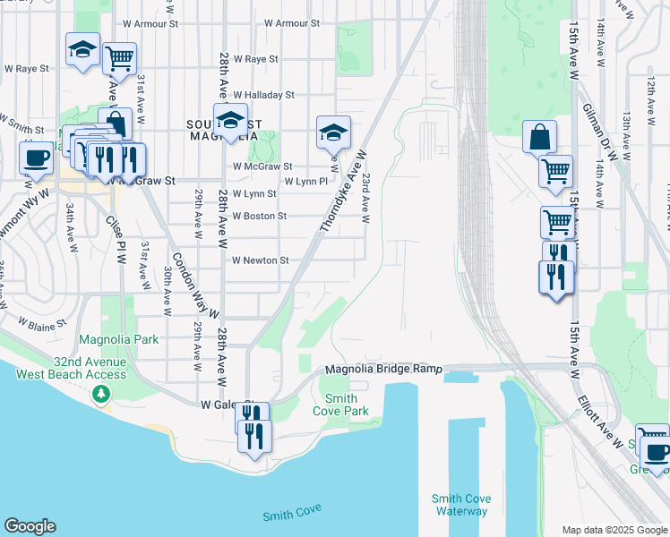map of restaurants, bars, coffee shops, grocery stores, and more near 2337 West Newton Street in Seattle