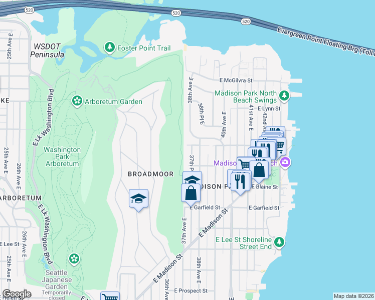 map of restaurants, bars, coffee shops, grocery stores, and more near 1933 38th Avenue East in Seattle