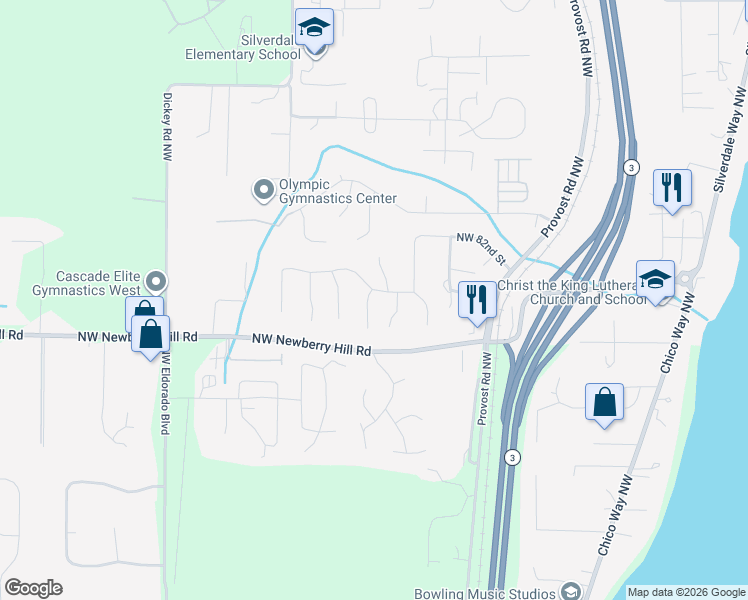 map of restaurants, bars, coffee shops, grocery stores, and more near 8100 Lorie Court Northwest in Silverdale