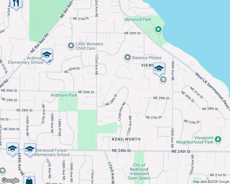 map of restaurants, bars, coffee shops, grocery stores, and more near 17431 Northeast 28th Street in Redmond