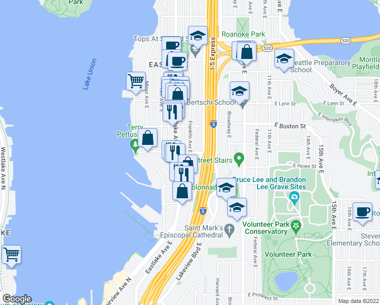 map of restaurants, bars, coffee shops, grocery stores, and more near E Newton St & Franklin Ave E in Seattle