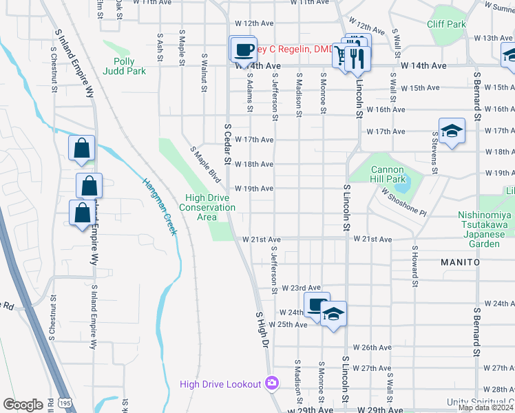map of restaurants, bars, coffee shops, grocery stores, and more near 1222 West 20th Avenue in Spokane
