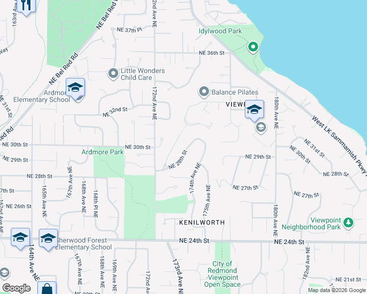 map of restaurants, bars, coffee shops, grocery stores, and more near 17431 Northeast 28th Street in Redmond
