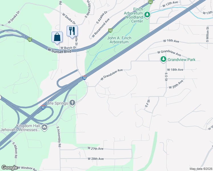 map of restaurants, bars, coffee shops, grocery stores, and more near 3851 West Grandview Avenue in Spokane
