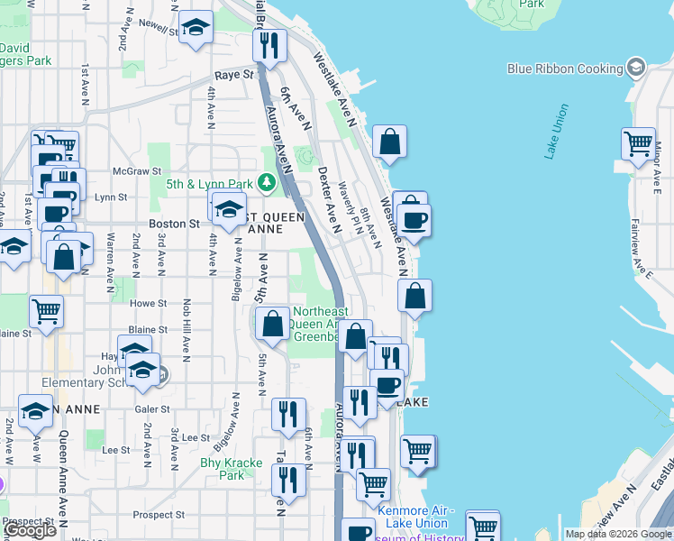 map of restaurants, bars, coffee shops, grocery stores, and more near 655 Crockett Street in Seattle