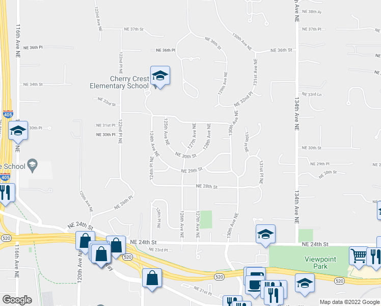 map of restaurants, bars, coffee shops, grocery stores, and more near 12608 Northeast 30th Street in Bellevue