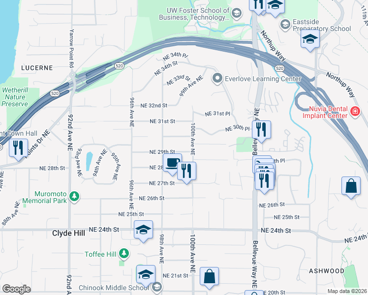 map of restaurants, bars, coffee shops, grocery stores, and more near 9842 Northeast 29th Street in Bellevue