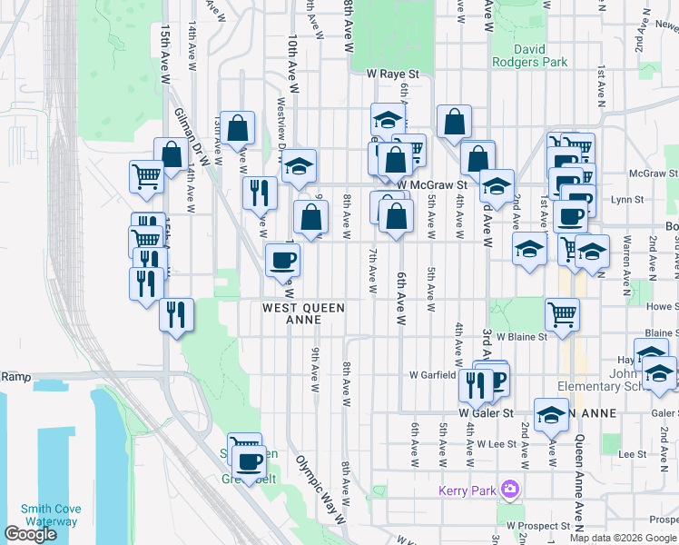 map of restaurants, bars, coffee shops, grocery stores, and more near 1929 8th Avenue West in Seattle