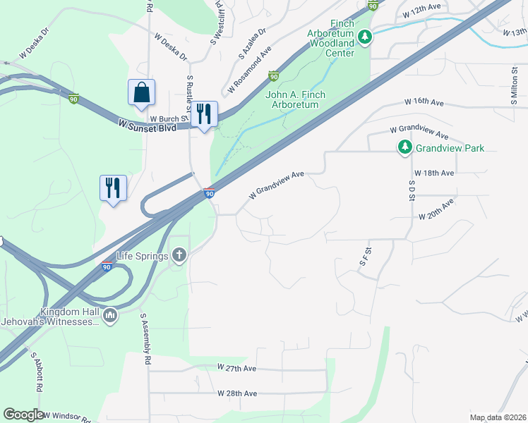 map of restaurants, bars, coffee shops, grocery stores, and more near 3851 West Grandview Avenue in Spokane