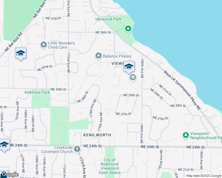 map of restaurants, bars, coffee shops, grocery stores, and more near 17619 Northeast 30th Place in Redmond